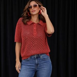 LOS ANGELES APPAREL KNITS HAND CROCHET RED TOP OPEN WEAVE OVERSIZE MADE IN USA